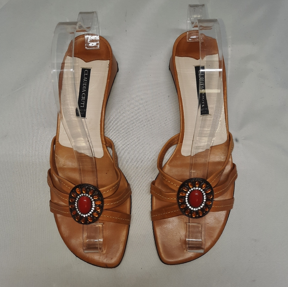 Designer Claudia Ciuti Triple Strap Carmel Jeweled Flat Sandals Size 8M